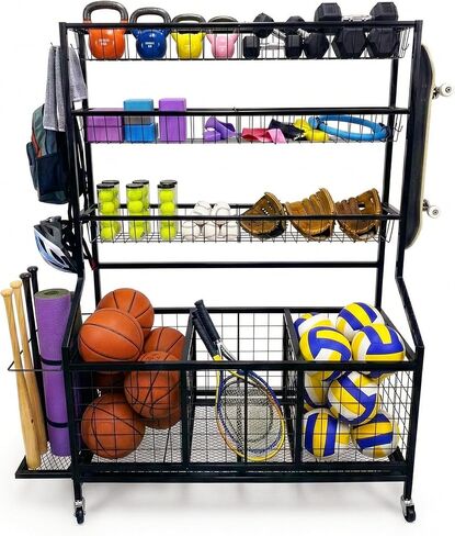 AMPLY Sports Equipment Organizer, Rolling Sports Ball Storage Garage Rack with Large Ball Bins, Side Bat Grid and Multi-Tier Shelves, Steel Rust-Resistant Gear Cart for Families, Schools, Gyms in Saudi Arabia