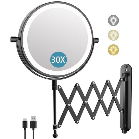 Rechargeable Wall Mounted Makeup Mirror - 8 Inch Double Sided 1X/10X Magnifying Mirror with 3 Color Lights Dimmable Touch Screen, 360°Swivel 19.6 Inch Extendable Accordion Bathroom Mirror - Chrome in Kuwait