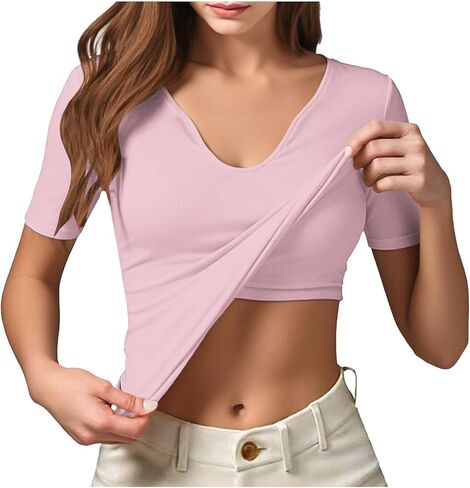 Shirts with Built in Bras for Women Summer Short Sleeve Tops Shirts V Neck Slim Fitted Basic Tee Casual Going Out Top in Saudi Arabia