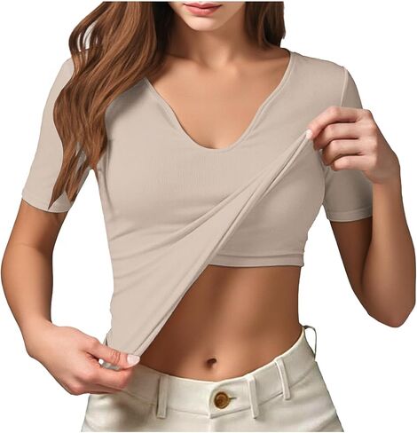 Shirts with Built in Bras for Women Summer Short Sleeve Tops Shirts V Neck Slim Fitted Basic Tee Casual Going Out Top in Saudi Arabia