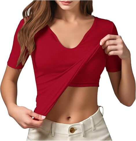 Shirts with Built in Bras for Women Summer Short Sleeve Tops Shirts V Neck Slim Fitted Basic Tee Casual Going Out Top in Saudi Arabia