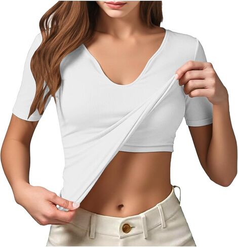 Shirts with Built in Bras for Women Summer Short Sleeve Tops Shirts V Neck Slim Fitted Basic Tee Casual Going Out Top in Saudi Arabia