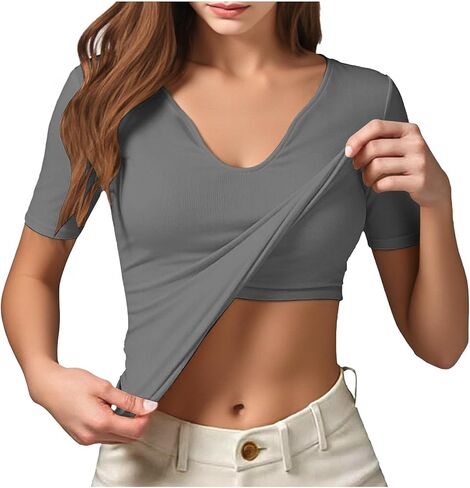Shirts with Built in Bras for Women Summer Short Sleeve Tops Shirts V Neck Slim Fitted Basic Tee Casual Going Out Top in Saudi Arabia