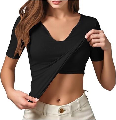Shirts with Built in Bras for Women Summer Short Sleeve Tops Shirts V Neck Slim Fitted Basic Tee Casual Going Out Top in Saudi Arabia