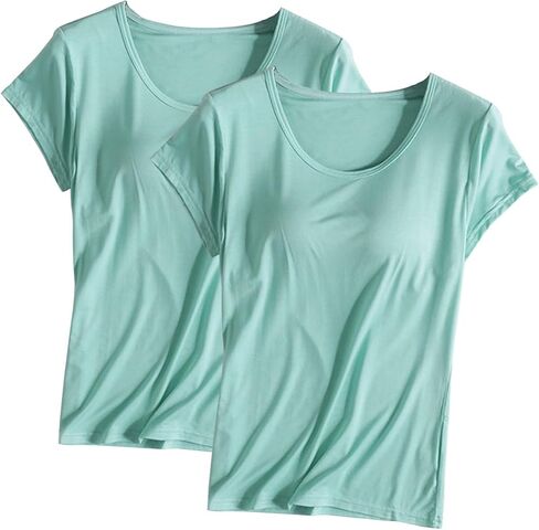 2PC Womens Short Sleeve Shirts with Built in Bra V Neck Fashion Slim Fit Tops Ladies' Casual Summer Basic Tee Vacation in Saudi Arabia