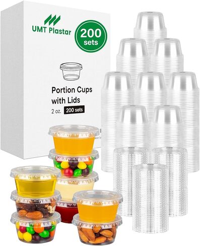 4 oz Plastic Portion Cups with Lids, 200 Sets Disposable Cups for Meal Prep, Condiments, Salad Dressing, Jello Shots & Dipping Sauces in Saudi Arabia