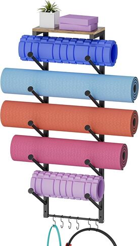 5 Tiers Yoga Mat Holder Rack Wall Mount with 6 Hooks for Hanging Accessory Yoga Strap Foam Rollers Resistance Bands, Yoga Mats Organizer with Floating Shelf for Home Gym Storage Fitness in Saudi Arabia