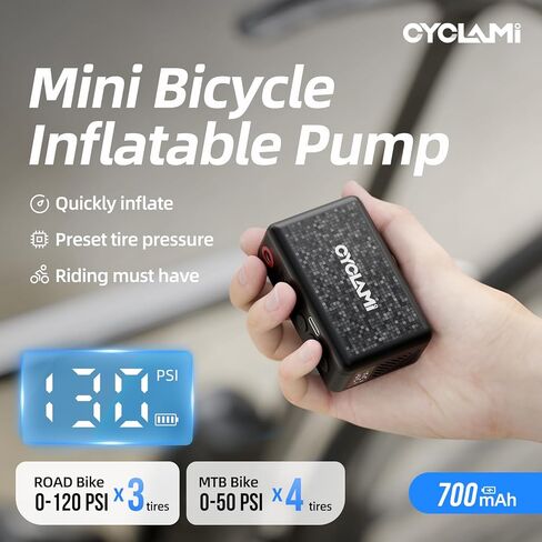 MINI Bike Pump with Gauge - 130PSI Electric Auto Stop Bicycle Air Pump | Memory Function | Low Noise＆Low Vibration | Presta/Schrader Valve | Emergency Light | 700mAh for 4 Road Tires in Kuwait