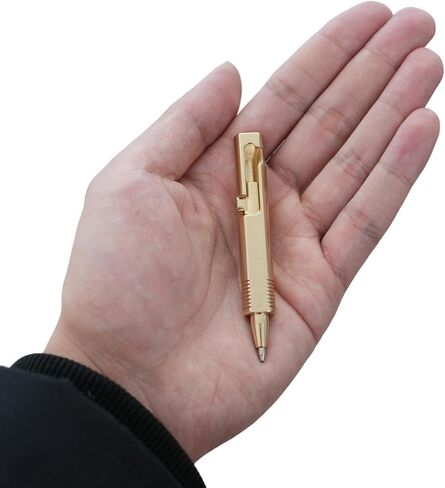 Origin-Joy Mini EDC Brass Pen, Small Travel Bolt Pocket Pen, Short Compact Tactile Turn Metal Ballpoint Pen With 2 Mini Replacement Refills (Retro Black, Quick Release Keychain) in Kuwait