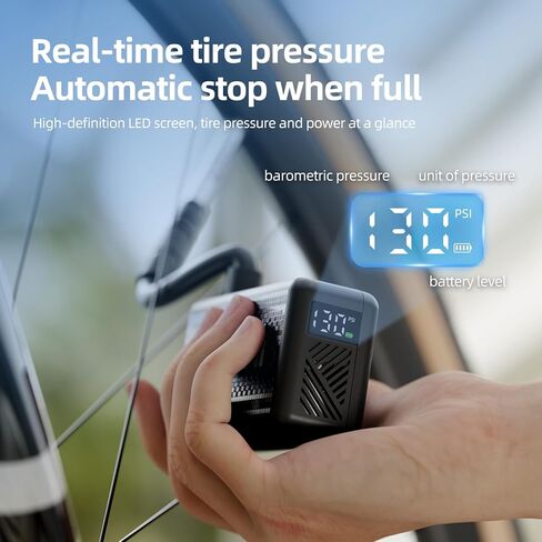 MINI Bike Pump with Gauge - 130PSI Electric Auto Stop Bicycle Air Pump | Memory Function | Low Noise＆Low Vibration | Presta/Schrader Valve | Emergency Light | 700mAh for 4 Road Tires in Kuwait