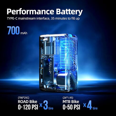 MINI Bike Pump with Gauge - 130PSI Electric Auto Stop Bicycle Air Pump | Memory Function | Low Noise＆Low Vibration | Presta/Schrader Valve | Emergency Light | 700mAh for 4 Road Tires in Kuwait