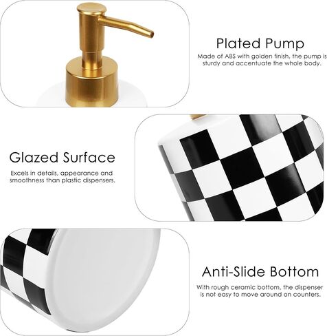عبوتان من موزع صابون السيراميك، مجموعة موزع صابون اليد الحديثة على شكل شطرنج 10 أونصة لمنضدة الحمام، حوض المطبخ، زجاجة مضخة قابلة لإعادة الملء برأس ذهبي مقاوم للصدأ (أسود وأبيض) in Kuwait