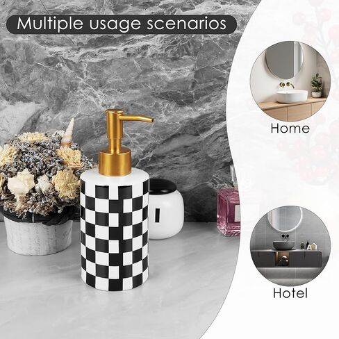 عبوتان من موزع صابون السيراميك، مجموعة موزع صابون اليد الحديثة على شكل شطرنج 10 أونصة لمنضدة الحمام، حوض المطبخ، زجاجة مضخة قابلة لإعادة الملء برأس ذهبي مقاوم للصدأ (أسود وأبيض) in Kuwait