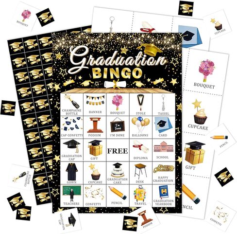Graduation Bingo Game Cards, Black Gold Graduation Bingo Games, Graduation Game for 24 Players, Grad Party Activity Games for Family Friends, Holiday Party Favors Supplies Decorations -A26 in Kuwait