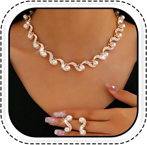 Unicra Gold Pearl Bridal Wedding Jewelry Set Rhinestone Necklace Earrings Sets Formal Prom Costume Jewelry Sets for Women and Brides in Kuwait