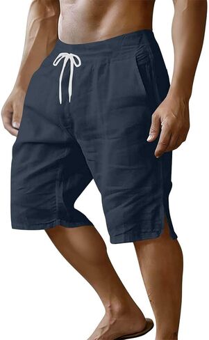 رجل الكتان السراويل الصيف عادية الركبة طول الرباط الكتان شورت برمودا الجانب سبليت الشاطئ عطلة جيوب قصيرة in Kuwait