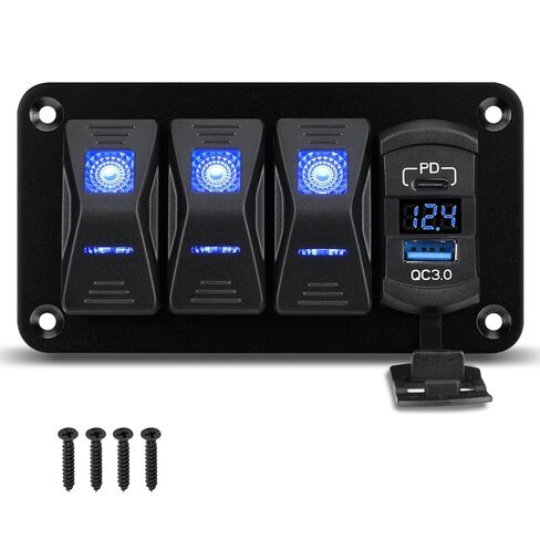 3 لوحة مفاتيح هزازة من الألومنيوم، مقبس شاحن IP68 مقاوم للماء SPST ON/Off مع فولتميتر LED أزرق 12-24 فولت، PD نوع C وQC3.0 USB شحن سريع مع ملصقات DIY لشاحنة القارب والسيارة RV in Kuwait