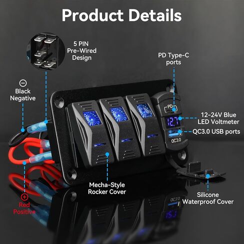 3 لوحة مفاتيح هزازة من الألومنيوم، مقبس شاحن IP68 مقاوم للماء SPST ON/Off مع فولتميتر LED أزرق 12-24 فولت، PD نوع C وQC3.0 USB شحن سريع مع ملصقات DIY لشاحنة القارب والسيارة RV in Kuwait