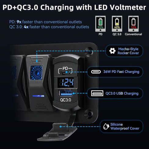 3 لوحة مفاتيح هزازة من الألومنيوم، مقبس شاحن IP68 مقاوم للماء SPST ON/Off مع فولتميتر LED أزرق 12-24 فولت، PD نوع C وQC3.0 USB شحن سريع مع ملصقات DIY لشاحنة القارب والسيارة RV in Kuwait