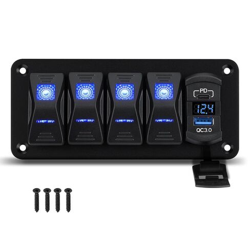 3 لوحة مفاتيح هزازة من الألومنيوم، مقبس شاحن IP68 مقاوم للماء SPST ON/Off مع فولتميتر LED أزرق 12-24 فولت، PD نوع C وQC3.0 USB شحن سريع مع ملصقات DIY لشاحنة القارب والسيارة RV in Kuwait