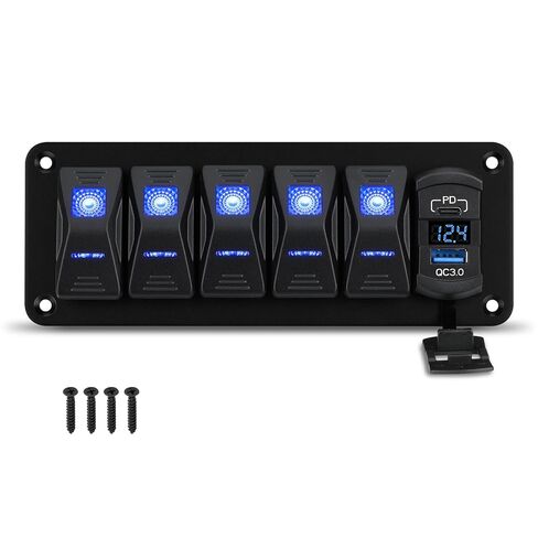 3 لوحة مفاتيح هزازة من الألومنيوم، مقبس شاحن IP68 مقاوم للماء SPST ON/Off مع فولتميتر LED أزرق 12-24 فولت، PD نوع C وQC3.0 USB شحن سريع مع ملصقات DIY لشاحنة القارب والسيارة RV in Kuwait