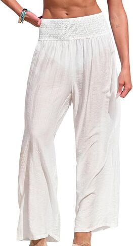 CUPSHE Women Swimsuit Cover Ups Pants High Waist Smokced Wide Leg Beach Vacation Outfits in Kuwait