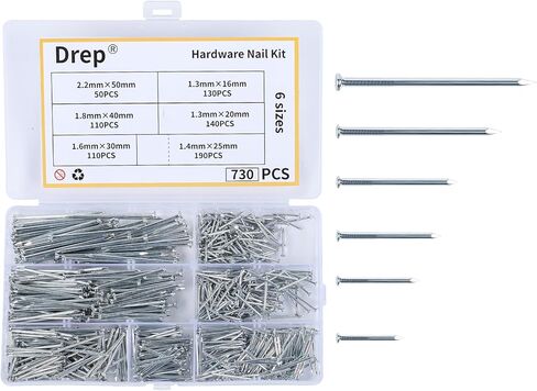 730pcs Hardware Nails Kit - Galvanized Finish & Frame Nails, Up to 2 Inch Lengths for Wall Art & Decor on Drywall/Wood | 6 Sizes in Saudi Arabia