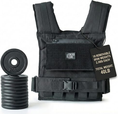 سترة مرجحة قابلة للتعديل من ENERGI CORE، 20 رطلاً/30 رطلاً/40 رطلاً - سترة ثقيلة الوزن التكتيكية للرجال والنساء - أوزان حديدية قابلة للإزالة، شريط عاكس وجيب بسحاب - تدريب القوة والجري واللياقة البدنية in Kuwait