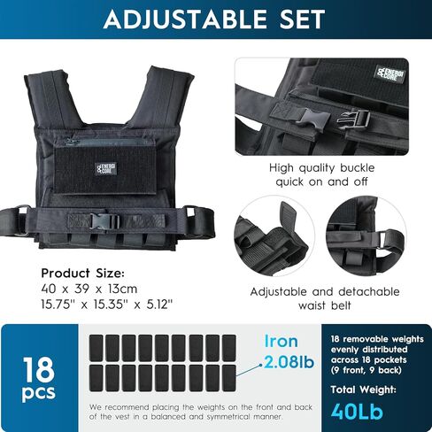 سترة مرجحة قابلة للتعديل من ENERGI CORE، 20 رطلاً/30 رطلاً/40 رطلاً - سترة ثقيلة الوزن التكتيكية للرجال والنساء - أوزان حديدية قابلة للإزالة، شريط عاكس وجيب بسحاب - تدريب القوة والجري واللياقة البدنية in Kuwait