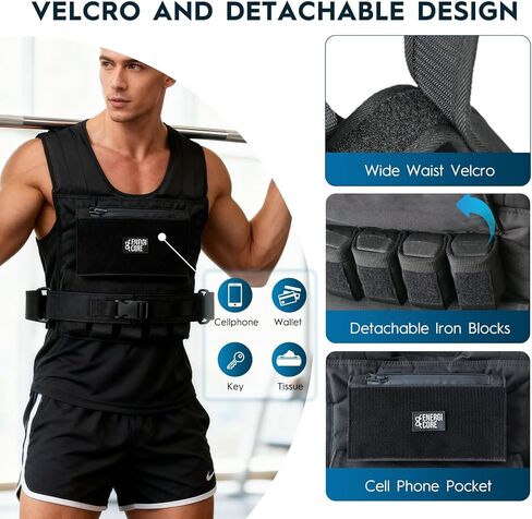 سترة مرجحة قابلة للتعديل من ENERGI CORE، 20 رطلاً/30 رطلاً/40 رطلاً - سترة ثقيلة الوزن التكتيكية للرجال والنساء - أوزان حديدية قابلة للإزالة، شريط عاكس وجيب بسحاب - تدريب القوة والجري واللياقة البدنية in Kuwait