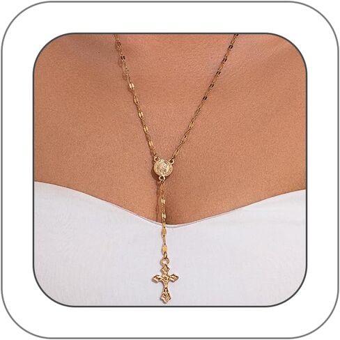 14K Gold Cross Thin Chain Pendant Necklace, Adjustable Layered Stacked Long Y Necklace, Simple Daily Charm Statement Jewelry Gift in Kuwait