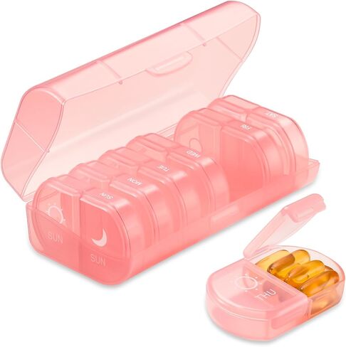 منظم حبوب الدواء الأسبوعي مرتين في اليوم، علبة حبوب منع الحمل المضغوطة لمدة 7 أيام، تذكير الدواء، موزع حبوب السفر المحمول للحبوب والفيتامينات وزيت السمك in Kuwait