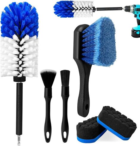 Wheel Brush Kit, Soft Drill Wheel Cleaner Brush, Tire Brush, Detailing Brush, and Detailing Pads, No Scratches Car Wheel Cleaning Kit for Wheels, Tires, Rims, Engines, Exhaust(Blue+White, 6 Pk) in Saudi Arabia