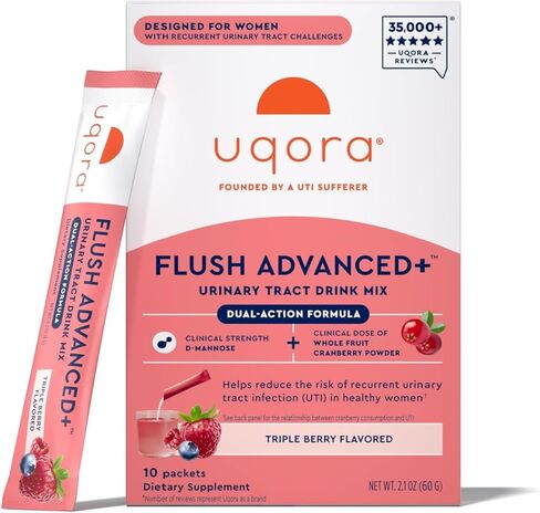 Uqora Flush Advanced+ - يساعد على تقليل خطر الإصابة بالتهاب المسالك البولية المتكررة** - مع التوت البري، د-مانوز، فيتامين C، فيتامين B6 والبوتاسيوم - خالي من الغلوتين ونباتي - نكهة التوت الثلاثي - 10 عبوات (عبوة واحدة) in Saudi Arabia