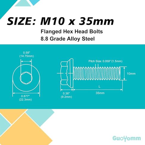 M10 x 35mm 10pcs Flanged Hex Head Bolts, M10 x 1.5 Bolts, Flange Hexagon Head Screws, 8.8 Grade Alloy Steel, Yellow Zinc Plated, Metric Fully Thread in Saudi Arabia