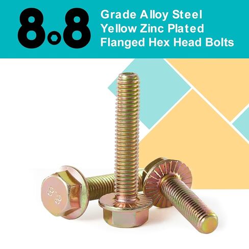 M10 x 35mm 10pcs Flanged Hex Head Bolts, M10 x 1.5 Bolts, Flange Hexagon Head Screws, 8.8 Grade Alloy Steel, Yellow Zinc Plated, Metric Fully Thread in Saudi Arabia