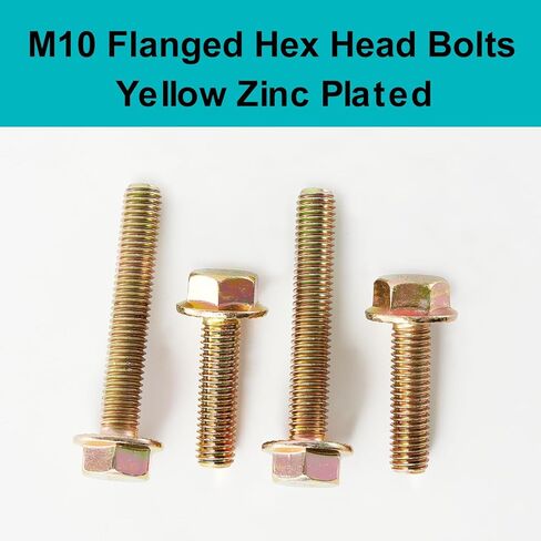M10 x 35mm 10pcs Flanged Hex Head Bolts, M10 x 1.5 Bolts, Flange Hexagon Head Screws, 8.8 Grade Alloy Steel, Yellow Zinc Plated, Metric Fully Thread in Saudi Arabia