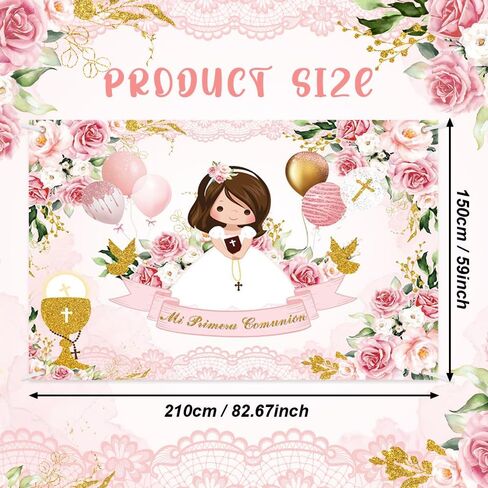 Mi Primera Comunión Decorations for Girls ، 90 PCS Baptism موضوع بالونات Mi Primera Comunión الخلفية الوردية الأولى ديكورات الشركة المقدسة. in Kuwait