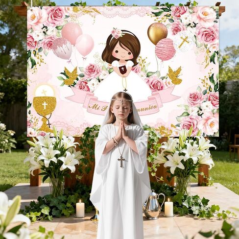 Mi Primera Comunión Decorations for Girls ، 90 PCS Baptism موضوع بالونات Mi Primera Comunión الخلفية الوردية الأولى ديكورات الشركة المقدسة. in Kuwait