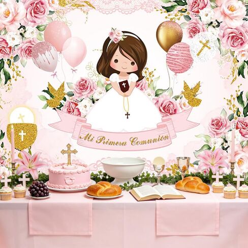 Mi Primera Comunión Decorations for Girls ، 90 PCS Baptism موضوع بالونات Mi Primera Comunión الخلفية الوردية الأولى ديكورات الشركة المقدسة. in Kuwait