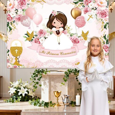 Mi Primera Comunión Decorations for Girls ، 90 PCS Baptism موضوع بالونات Mi Primera Comunión الخلفية الوردية الأولى ديكورات الشركة المقدسة. in Kuwait