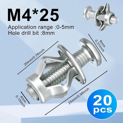 صواميل جاك مرساة جدارية مجوفة شديدة التحمل للجدران الرقيقة، صامولة بتلات لولبية للتوسيع، تصميم بتلة إدراج، 20 حزمة (M4x25(1")) in Kuwait
