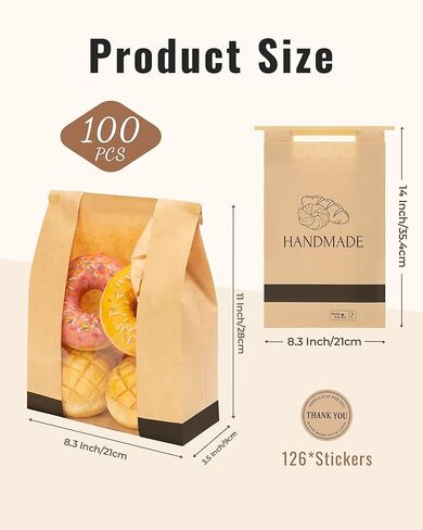 100 قطعة من أكياس الخبز الورقية للخبز المنزلي، أكياس العجين المخمر مقاس 14 × 8.3 × 3.5 بوصة مع قفل من القصدير، أكياس تخزين الخبز الكبيرة، تتضمن 126 ملصقًا لطيفًا in Kuwait