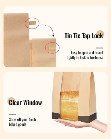 100 قطعة من أكياس الخبز الورقية للخبز المنزلي، أكياس العجين المخمر مقاس 14 × 8.3 × 3.5 بوصة مع قفل من القصدير، أكياس تخزين الخبز الكبيرة، تتضمن 126 ملصقًا لطيفًا in Kuwait