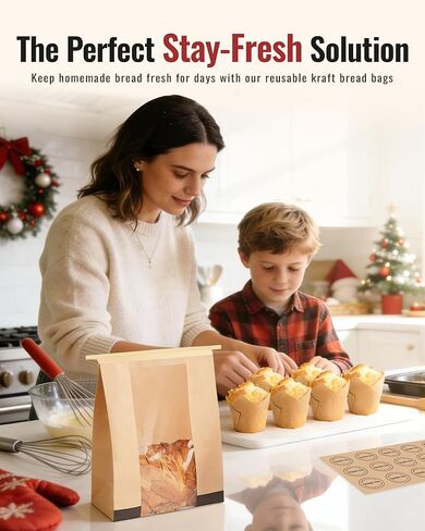 100 قطعة من أكياس الخبز الورقية للخبز المنزلي، أكياس العجين المخمر مقاس 14 × 8.3 × 3.5 بوصة مع قفل من القصدير، أكياس تخزين الخبز الكبيرة، تتضمن 126 ملصقًا لطيفًا in Kuwait