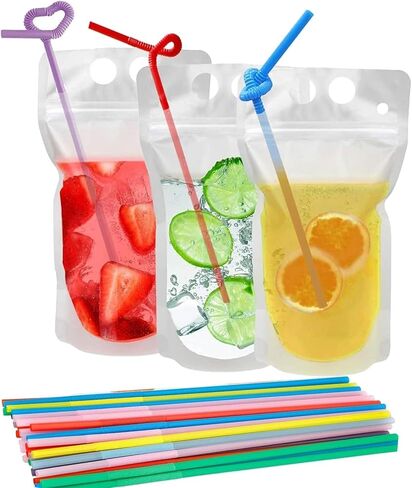 100 Pcs Drink Pouches with Straws, Freezable Drink Bags Juice Pouches for Adults and Kids, Reclosable Zipper Plastic Clear Drink Container Sets with Straw for Cold & Hot Drinks Party Picnic Camping in Kuwait