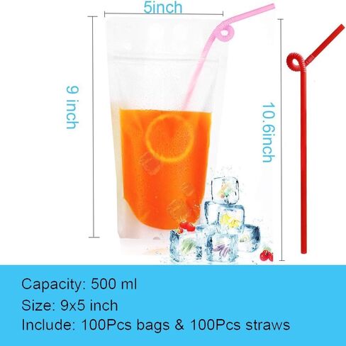100 Pcs Drink Pouches with Straws, Freezable Drink Bags Juice Pouches for Adults and Kids, Reclosable Zipper Plastic Clear Drink Container Sets with Straw for Cold & Hot Drinks Party Picnic Camping in Kuwait