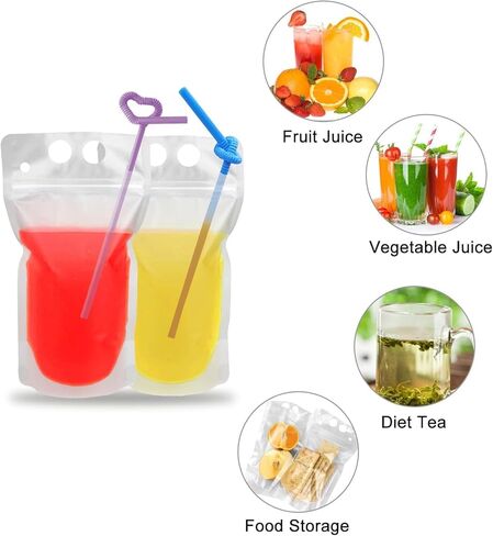 100 Pcs Drink Pouches with Straws, Freezable Drink Bags Juice Pouches for Adults and Kids, Reclosable Zipper Plastic Clear Drink Container Sets with Straw for Cold & Hot Drinks Party Picnic Camping in Kuwait