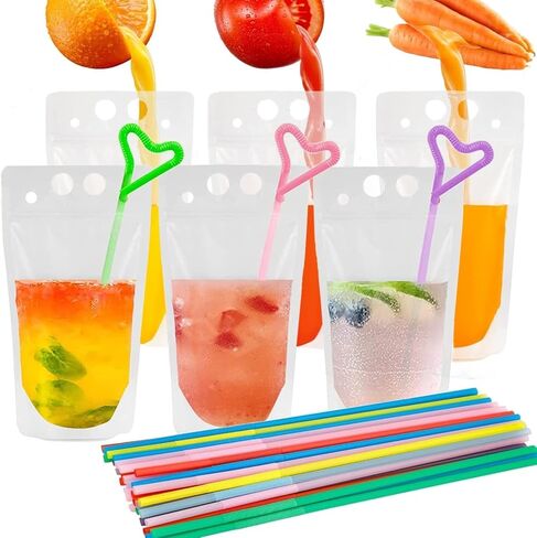 100 Pcs Drink Pouches with Straws, Freezable Drink Bags Juice Pouches for Adults and Kids, Reclosable Zipper Plastic Clear Drink Container Sets with Straw for Cold & Hot Drinks Party Picnic Camping in Kuwait