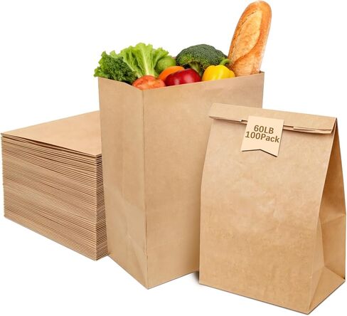 100 قطعة من أكياس البقالة الورقية، أكياس ورق كرافت بنية مقاس 12 × 7 × 17 بوصة، أكياس بقالة كبيرة بوزن 60 رطلًا شديدة التحمل للتسوق وتخزين الوجبات الجاهزة بالتجزئة | كرافت صديقة للبيئة، سعة كبيرة، 60 رطلاً للخدمة الشاقة in Kuwait